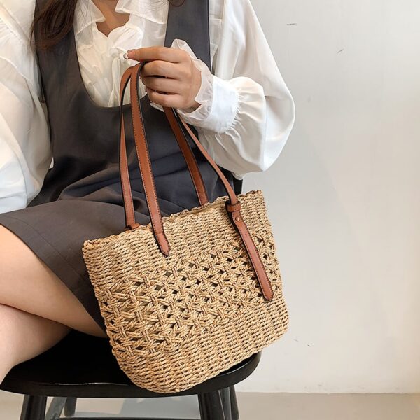 Sac à main de luxe en paille pour femmes beige ou marron – Image 3