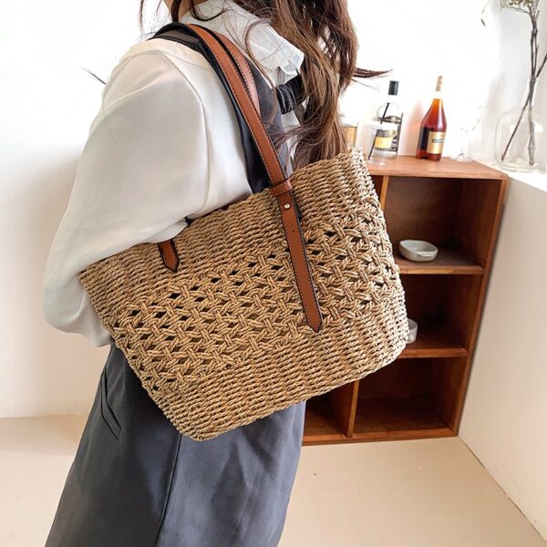 Sac à main de luxe en paille pour femmes beige ou marron – Image 4