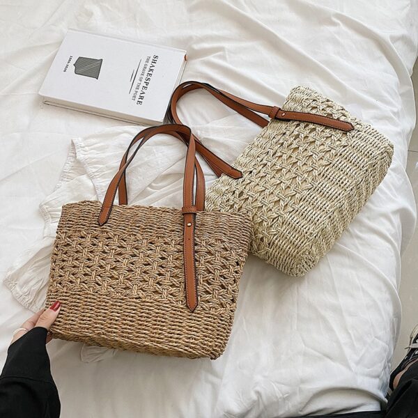 Sac à main de luxe en paille pour femmes beige ou marron – Image 2