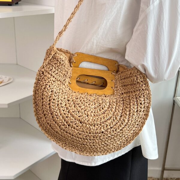 Sac à main rotin à poignée en bois pour femmes