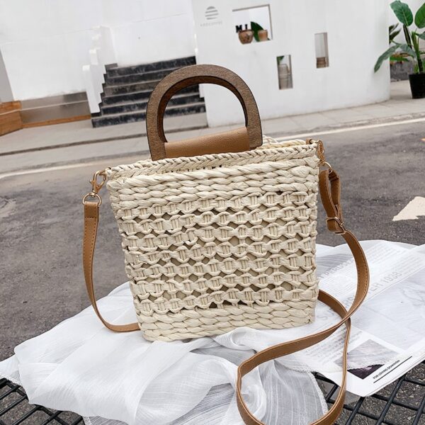 Sac à bandoulière tissé rétro pour femmes avec anse en bois – Image 3