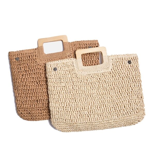 Sac à main fourre-tout en paille tissée et anses en bois pour femmes – Image 5
