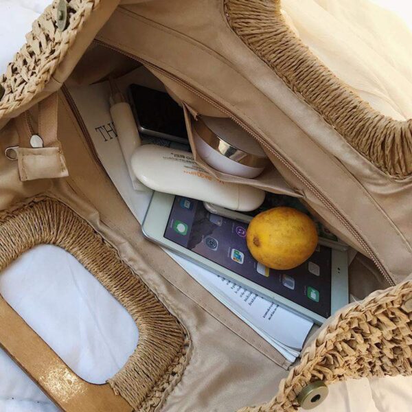 Sac à main fourre-tout en paille tissée et anses en bois pour femmes – Image 4