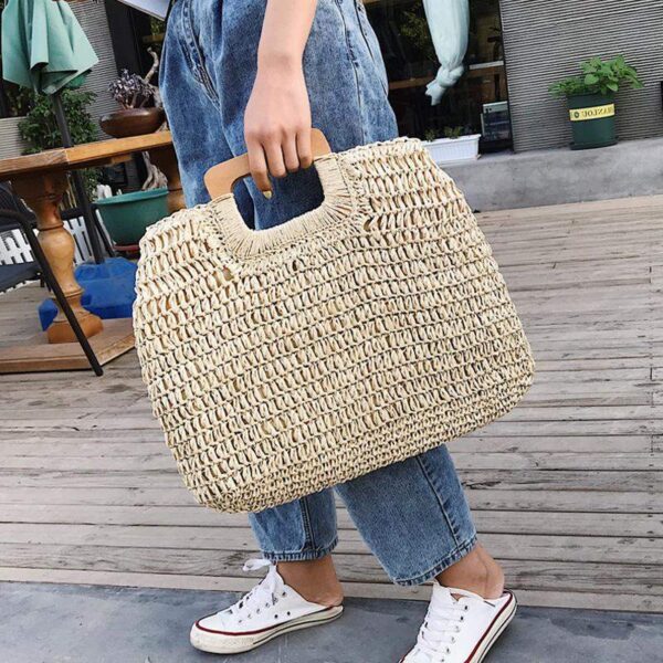 Sac à main fourre-tout en paille tissée et anses en bois pour femmes – Image 2