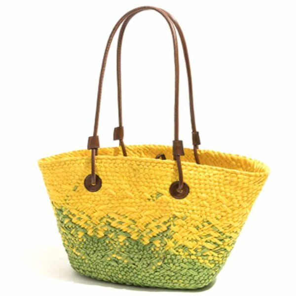 Sac fourre-tout en paille tissée jaune et vert – Image 2
