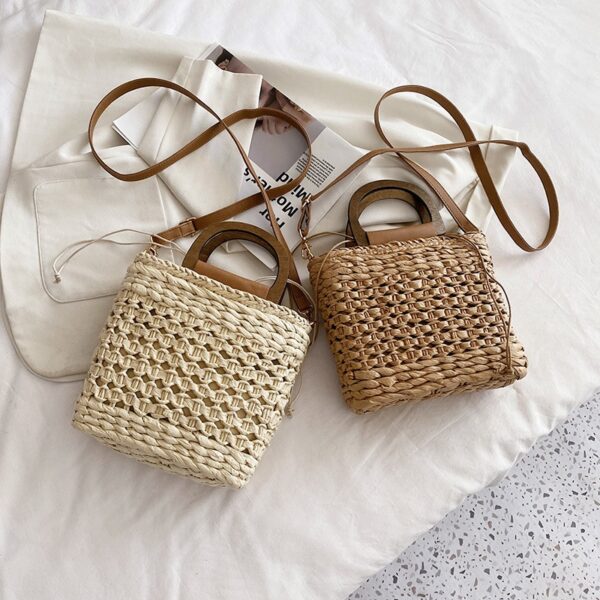 Sac à bandoulière tissé rétro pour femmes avec anse en bois – Image 6