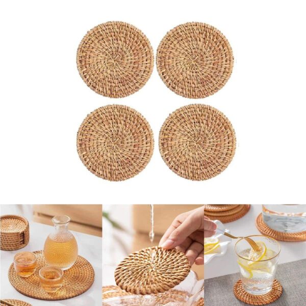 Dessous de verre rond en rotin naturel, 4 pièces