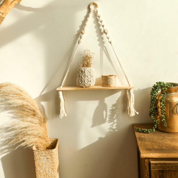 Étagère Bois à Suspendre de Style Bohème avec Macramé