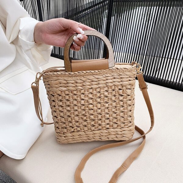 Sac à bandoulière tissé rétro pour femmes avec anse en bois – Image 4
