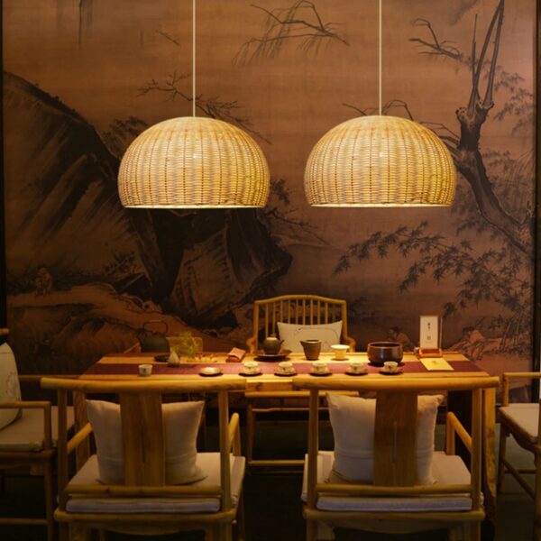 Lampe suspendue rustique en rotin forme ronde – Image 3