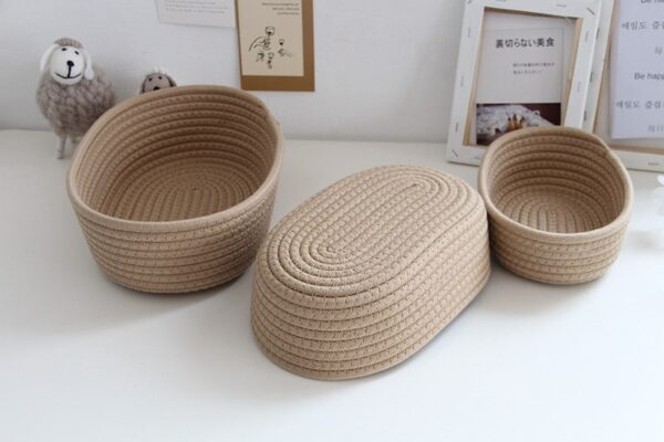 Panier de rangement ovale marron en corde de coton tissé de style nordique – Image 3