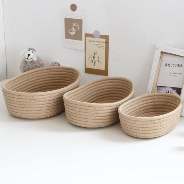 Panier de rangement ovale marron en corde de coton tissé de style nordique – Image 2