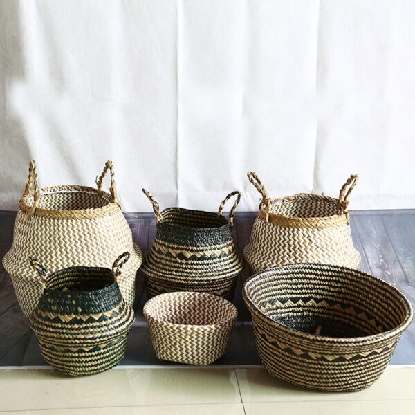 Panier de rangement pliable en osier style bohémien pour salle de bain – Image 2