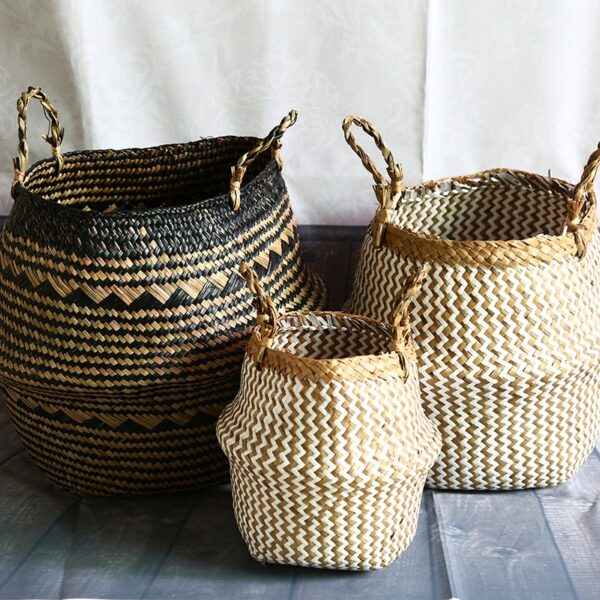 Panier de rangement pliable en osier style bohémien pour salle de bain