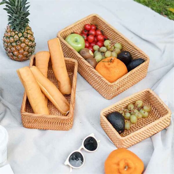 Panier de stockage d’aliments rectangulaire en rotin tissé à la main – Image 2