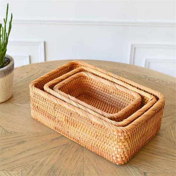 Panier de stockage d’aliments rectangulaire en rotin tissé à la main