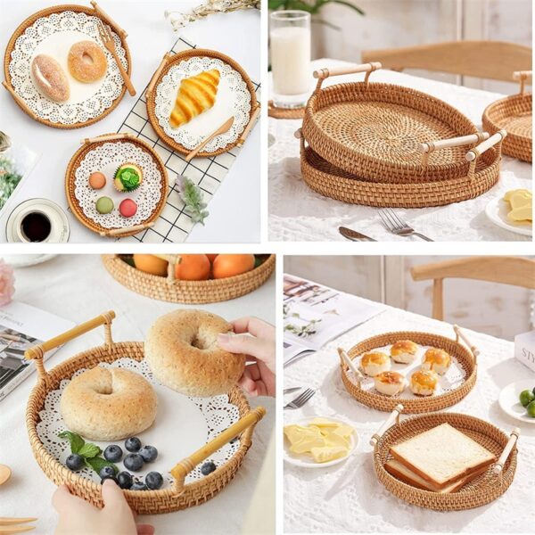 Plateau en rotin beige clair poignées en bois – Image 2