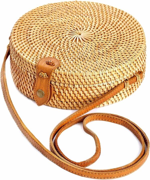 Sac rond en rotin à bandoulière marron – Image 2