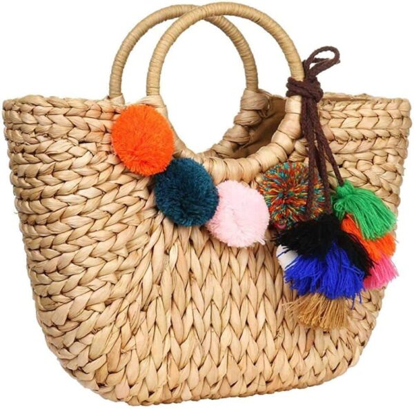 Sac tissé style rotin à pompons – Image 2