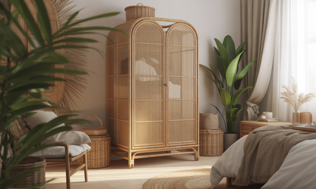 découvrez l'armoire en rotin, le meuble tendance qui apporte une touche d'exotisme et de naturel pour transformer votre chambre en un véritable havre de paix.