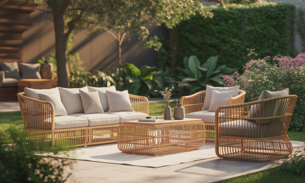 découvrez l'élégance naturelle avec notre salon de jardin en rotin, l'indispensable de l'été pour des moments conviviaux et stylés en plein air.