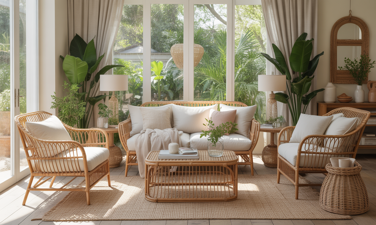 transformez votre véranda en un havre de paix avec un salon en rotin au charme intemporel. profitez d'un espace cosy et naturel pour vous détendre en toute sérénité.