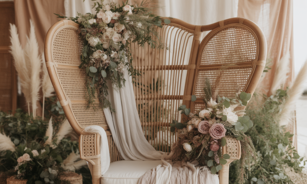 découvrez le fauteuil parfait pour votre mariage : un trône bohème chic qui apportera élégance et originalité, et fera sensation auprès de vos invités.