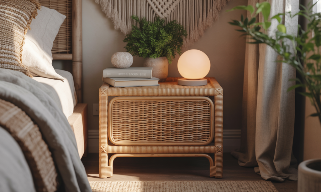 découvrez notre table de chevet en rotin, l'accessoire bohème chic idéal pour apporter charme et chaleur naturelle à votre chambre à coucher.