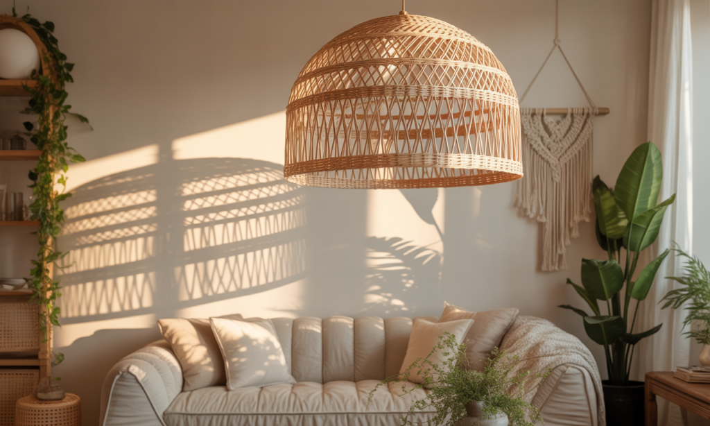apportez une touche bohème chic à votre intérieur avec notre suspension luminaire en osier, alliant élégance naturelle et lumière chaleureuse pour sublimer votre décoration.