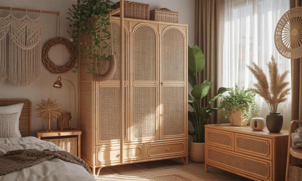 découvrez notre penderie en rotin, l'alliance parfaite entre charme naturel et organisation optimale, idéale pour sublimer votre chambre bohème chic avec style et authenticité.