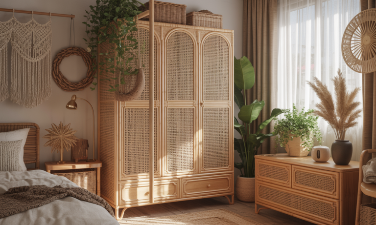découvrez notre penderie en rotin, l'alliance parfaite entre charme naturel et organisation optimale, idéale pour sublimer votre chambre bohème chic avec style et authenticité.