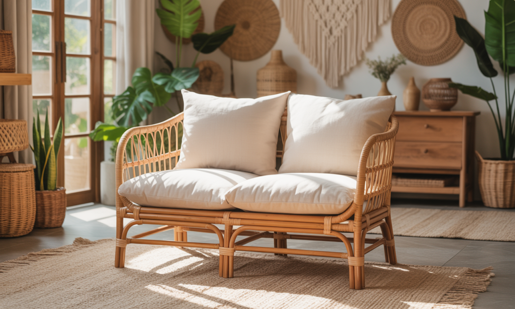 découvrez notre petit canapé 2 places en rotin, l'élément bohème et chaleureux parfait pour sublimer votre salon avec style et confort.