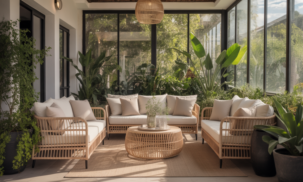 transformez votre véranda en un véritable havre de paix avec notre salon en rotin au charme irrésistible, idéal pour des moments de détente inoubliables.