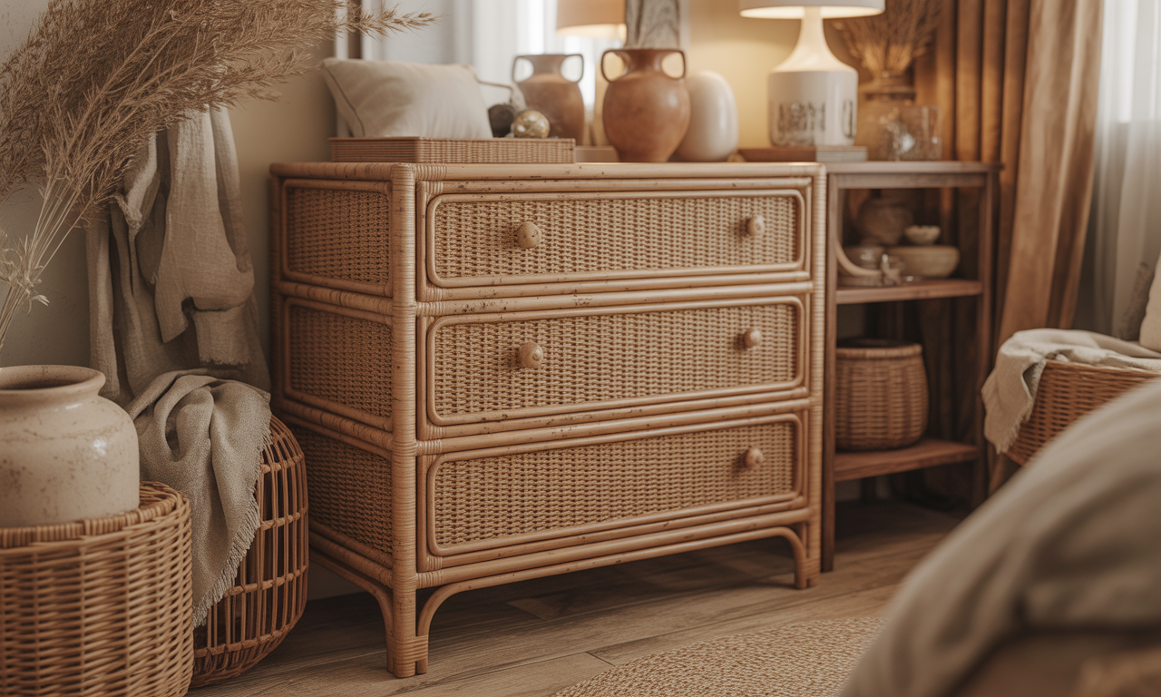 découvrez notre commode vintage en rotin, l'alliance parfaite du style rétro et de la chaleur naturelle pour sublimer votre intérieur avec élégance et authenticité.