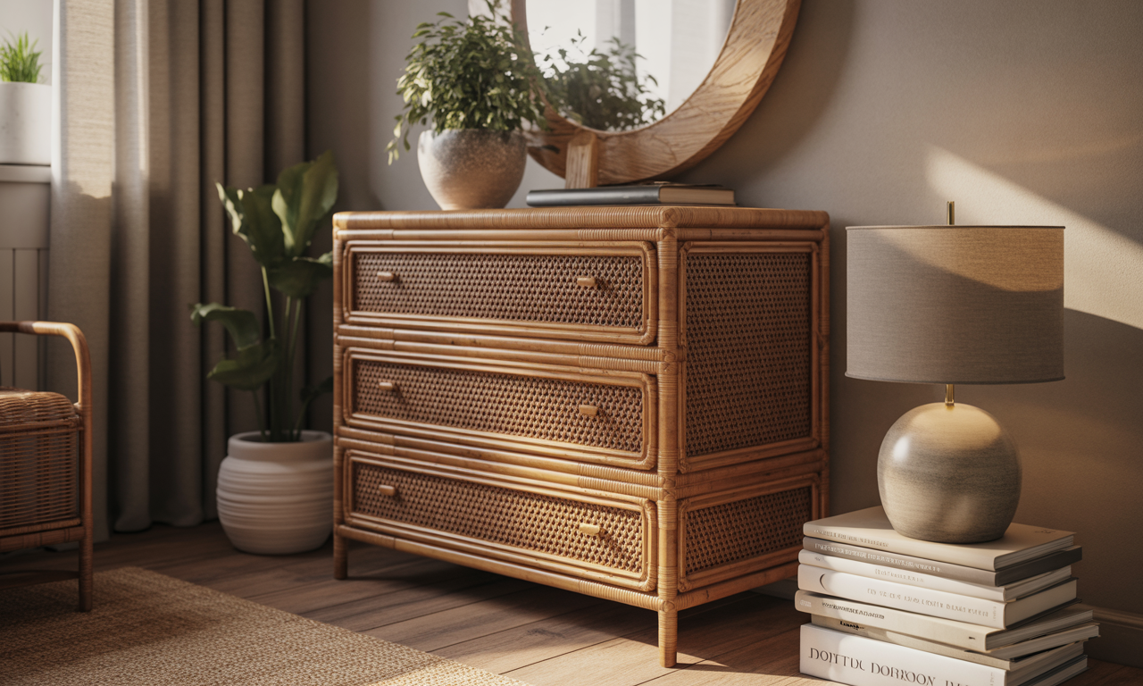 découvrez la commode vintage en rotin, le meuble idéal pour ajouter une touche de charme rétro chic à votre intérieur. alliant élégance et originalité, elle sublime votre décoration avec style.