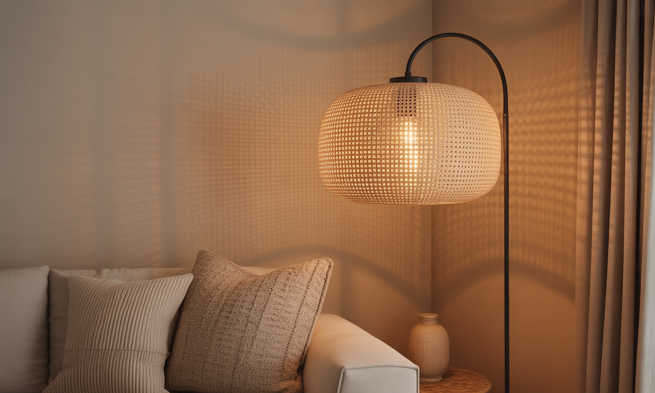 découvrez l'abat-jour en rotin, l'accessoire tendance qui transforme votre lampe sur pied en un élément déco naturel et élégant pour sublimer votre intérieur.