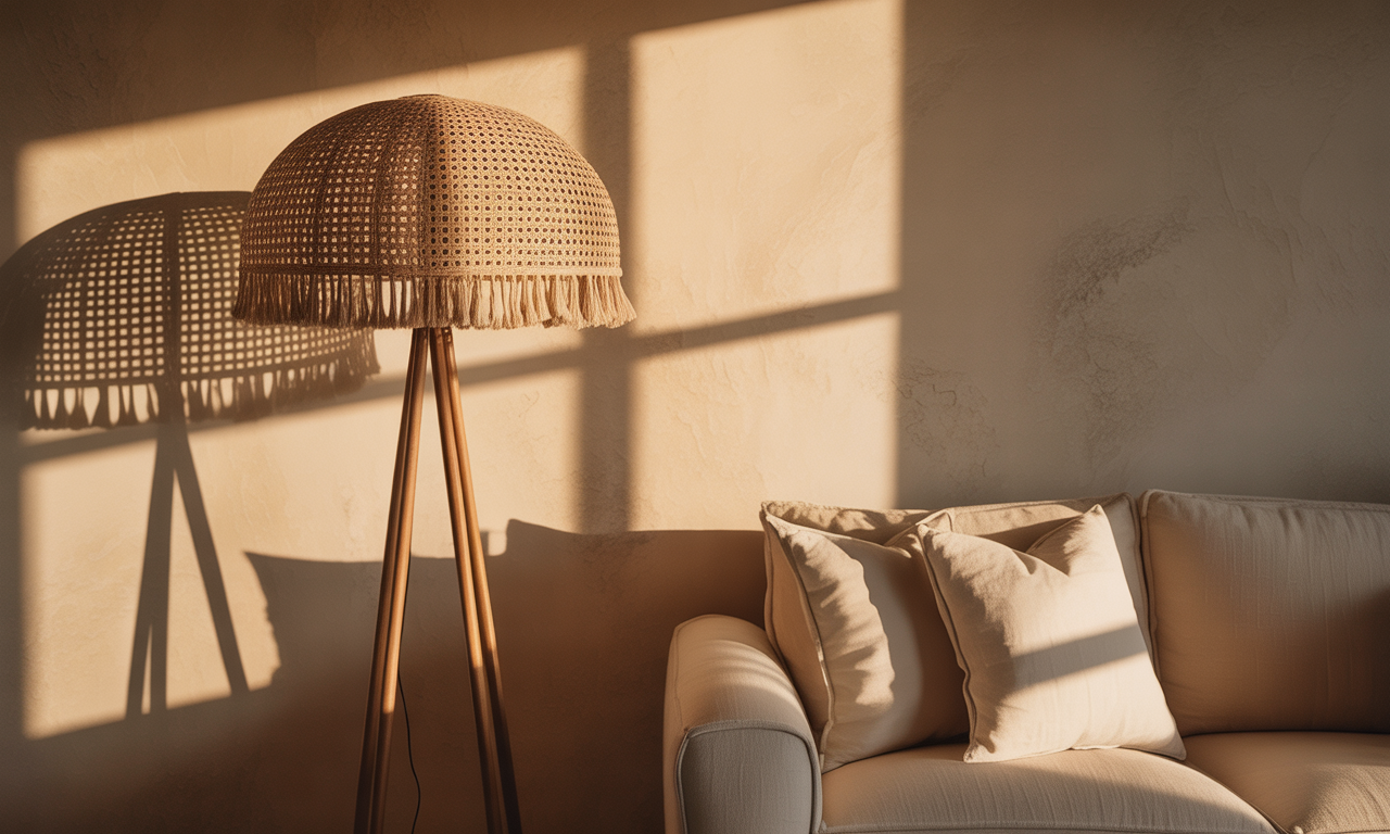 découvrez comment l'abat-jour lampadaire en rotin apporte une touche naturelle et chaleureuse à votre salon, pour une décoration élégante et conviviale.