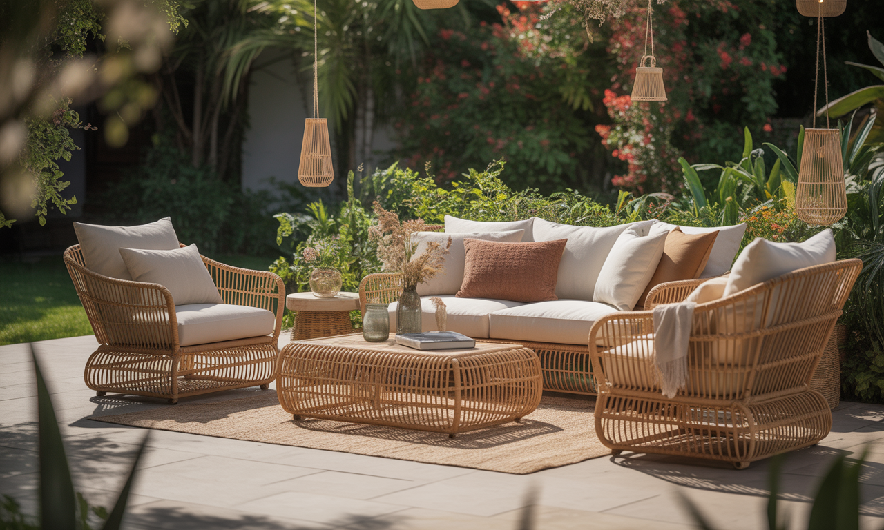découvrez le salon de jardin en rotin, alliant élégance bohème et confort, pour métamorphoser votre espace extérieur en un havre de paix stylé et accueillant.