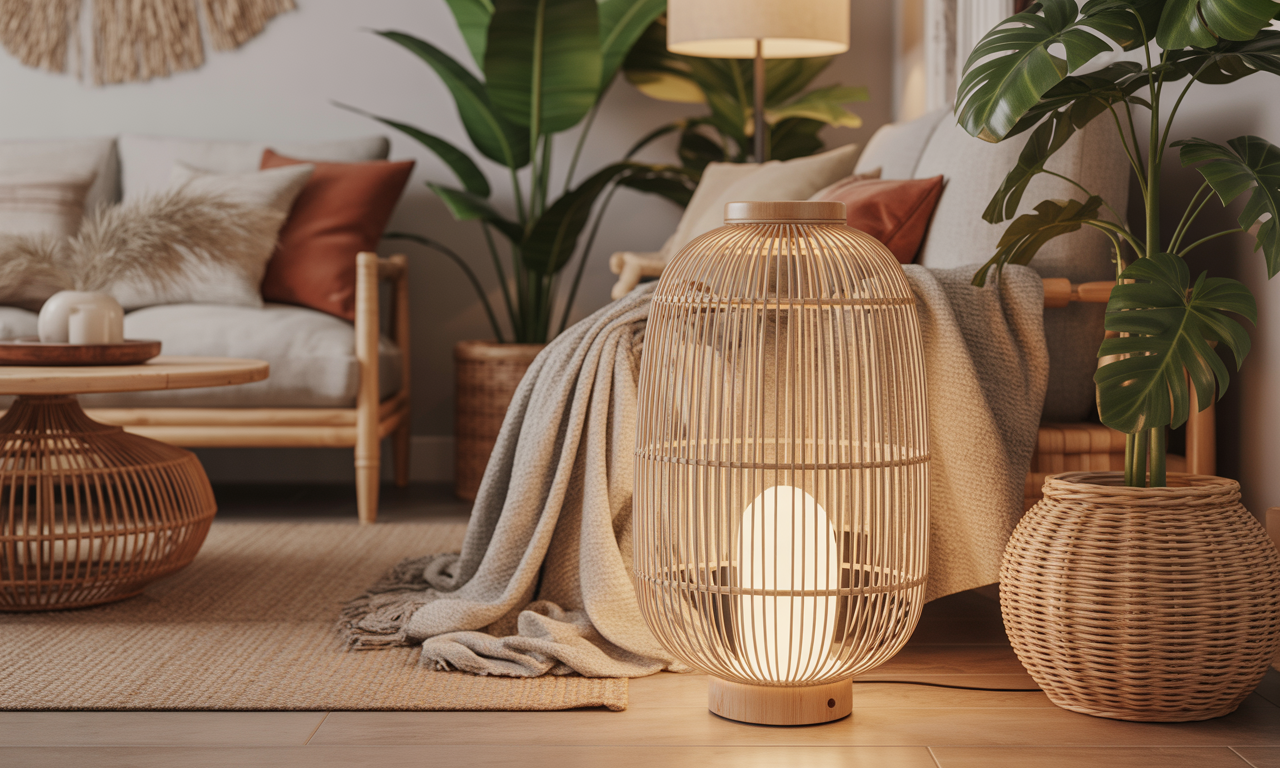 découvrez le lampadaire en rotin, l'élément bohème et lumineux parfait pour sublimer votre salon avec style et naturel.