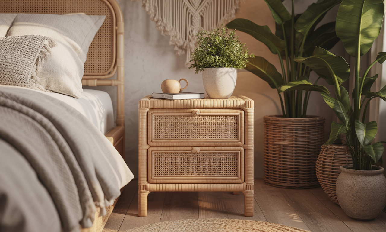 découvrez nos tables de chevet en rotin, l'élément bohème parfait pour apporter chaleur et style naturel à votre chambre à coucher.