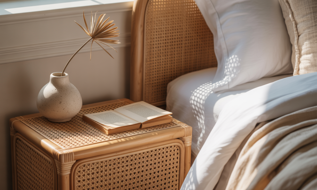 découvrez nos tables de chevet en rotin, l'accessoire bohème parfait pour ajouter chaleur et style naturel à votre chambre à coucher.