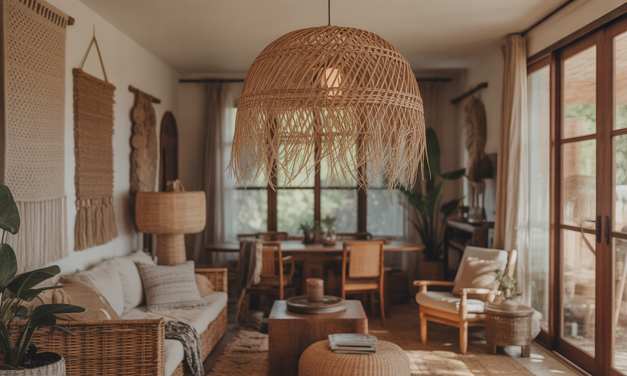découvrez comment le grand abat-jour en rotin transforme votre salon en un espace bohème chic, alliant naturel et élégance pour créer une ambiance chaleureuse et tendance.