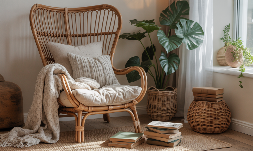 découvrez le grand fauteuil en rotin, l'élément indispensable pour créer un coin lecture bohème et chic, alliant confort et style naturel dans votre intérieur.