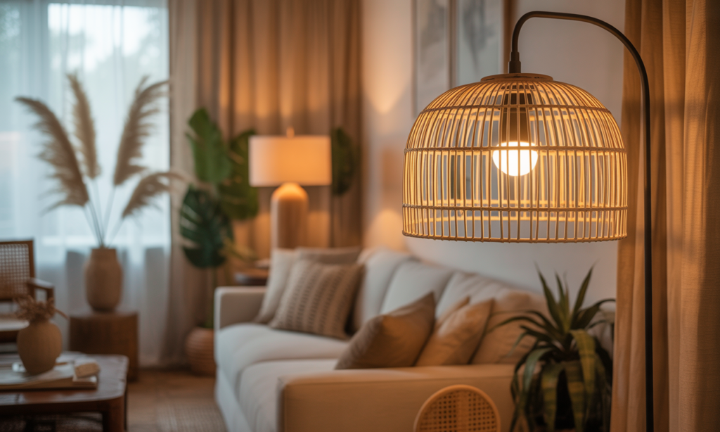 découvrez le lampadaire abat-jour rotin, l'élément bohème chic parfait pour apporter chaleur et élégance à votre salon tout en illuminant votre intérieur avec style.