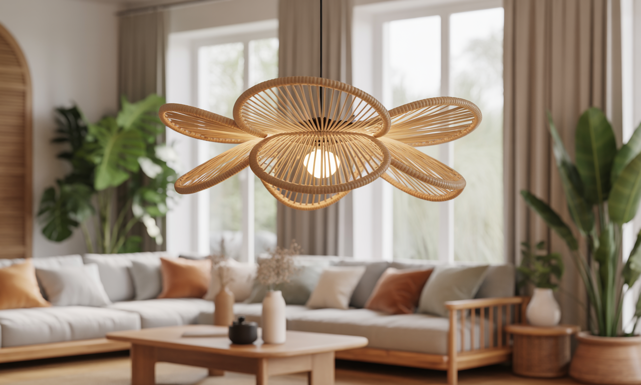 apportez une ambiance bohème et chaleureuse à votre intérieur avec le luminaire fleur en rotin, une pièce lumineuse et naturelle qui sublime votre décoration.
