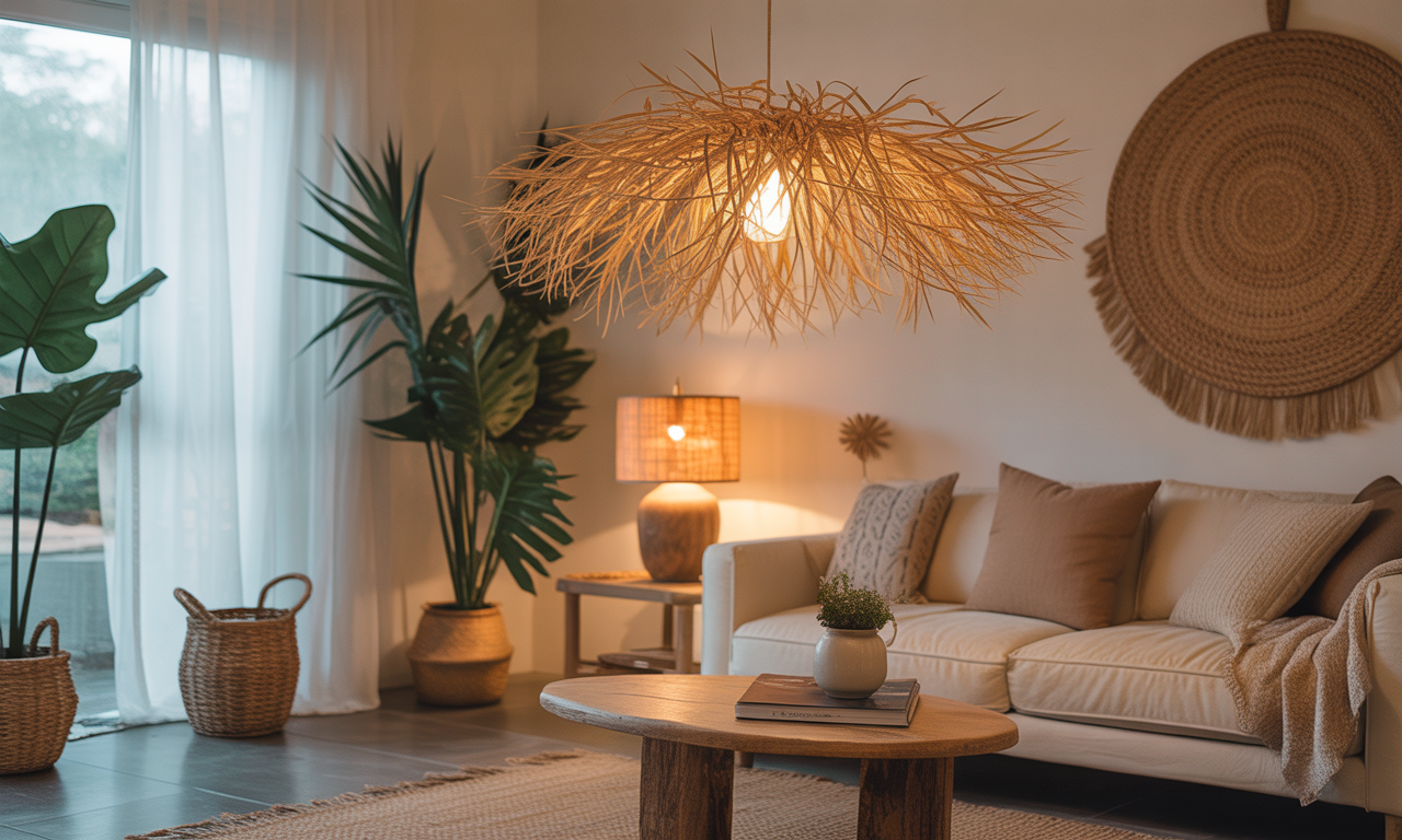 apportez une ambiance naturelle et bohème à votre intérieur avec le luminaire fleur en rotin, un élément décoratif élégant et chaleureux qui sublime votre décoration.