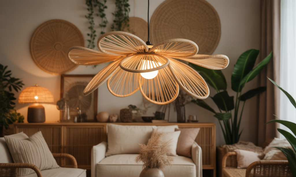 découvrez le luminaire fleur en rotin, l'élément décoratif naturel et bohème parfait pour sublimer votre intérieur avec élégance et convivialité.