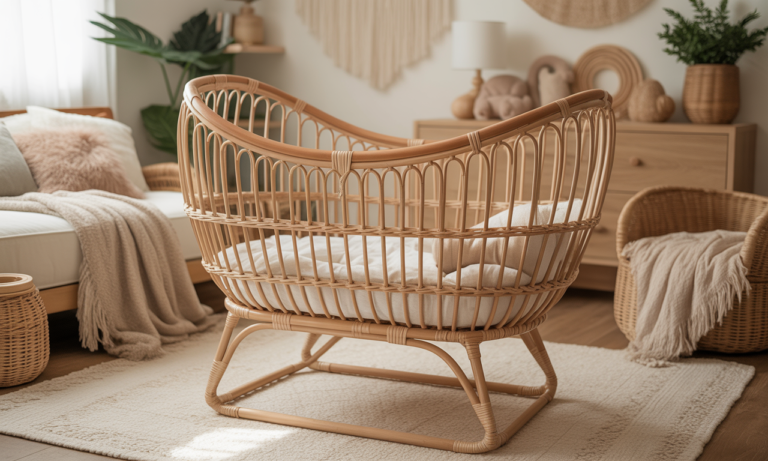 découvrez le berceau en rotin pour bébé, un cocon bohème et tendance qui apportera douceur et charme naturel à la chambre de votre enfant.