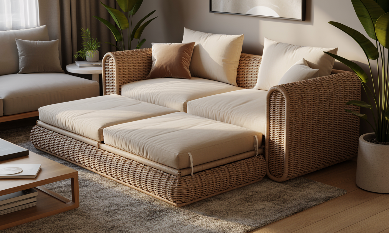 découvrez le canapé convertible en rotin, l'alliance parfaite entre style naturel et fonctionnalité. un meuble 2-en-1 incontournable pour optimiser votre espace et sublimer votre décoration intérieure.