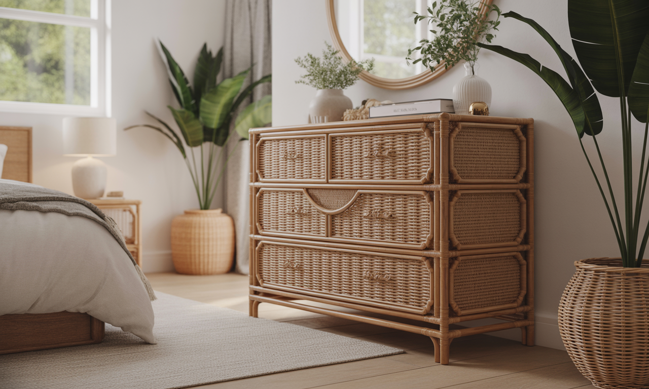 découvrez notre commode en rotin, l'alliance parfaite du charme et de la tendance pour sublimer votre chambre et apporter une touche naturelle à votre intérieur.